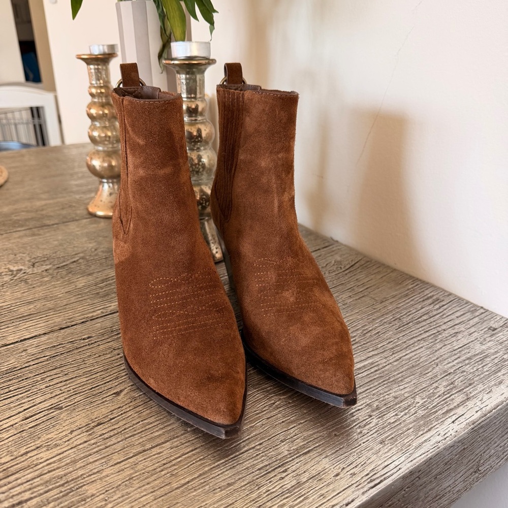 PAIGE Brown Suede Pointed Toe Western Ankle Boots - Picture 3 of 6